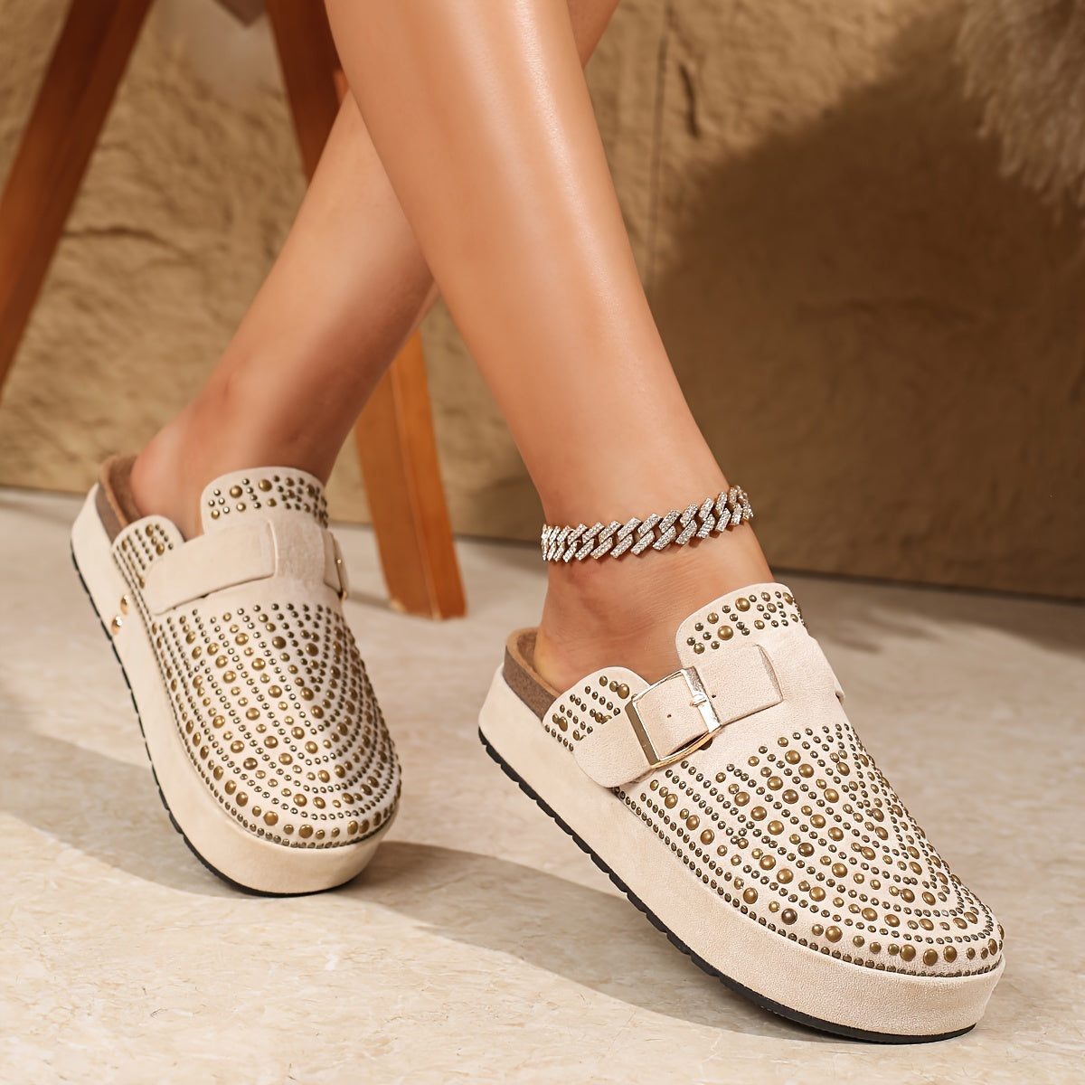 Ayollar uchun rhinestone plyaj muloqotlari, kundalik kiyim uchun qulay slip-on, qalin tagli sandalь