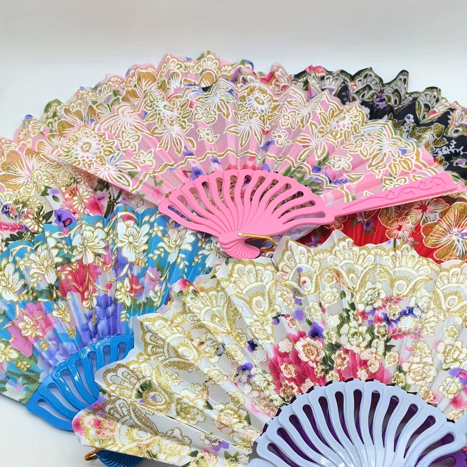 Set of 12 Floral Folding Fans Linen Fabric with Gold Glitter Patterns