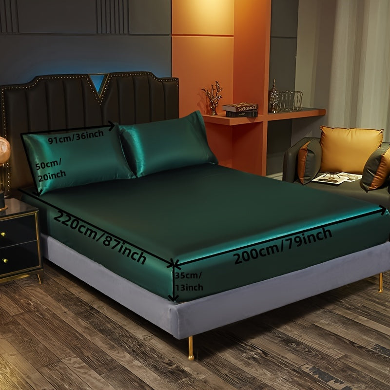 Satin Bedding Set 3 Pieces Fitted Sheet and Pillowcases Solid Color