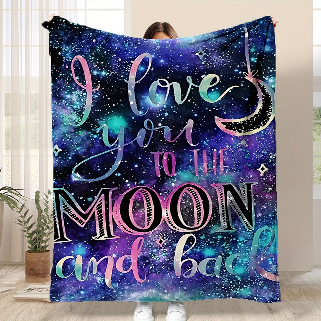 Flannel Blanket with "I Love You to The Moon and Back" Print Soft All-Season Polyester 250-300gsm