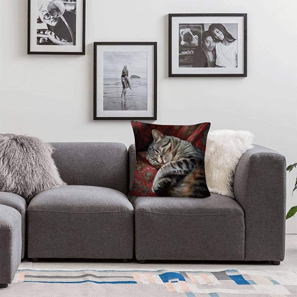 Grey Tabby Cat Pattern Polyester Pillow Cover 45.72cm Zipper Machine Washable Decorative Cushion