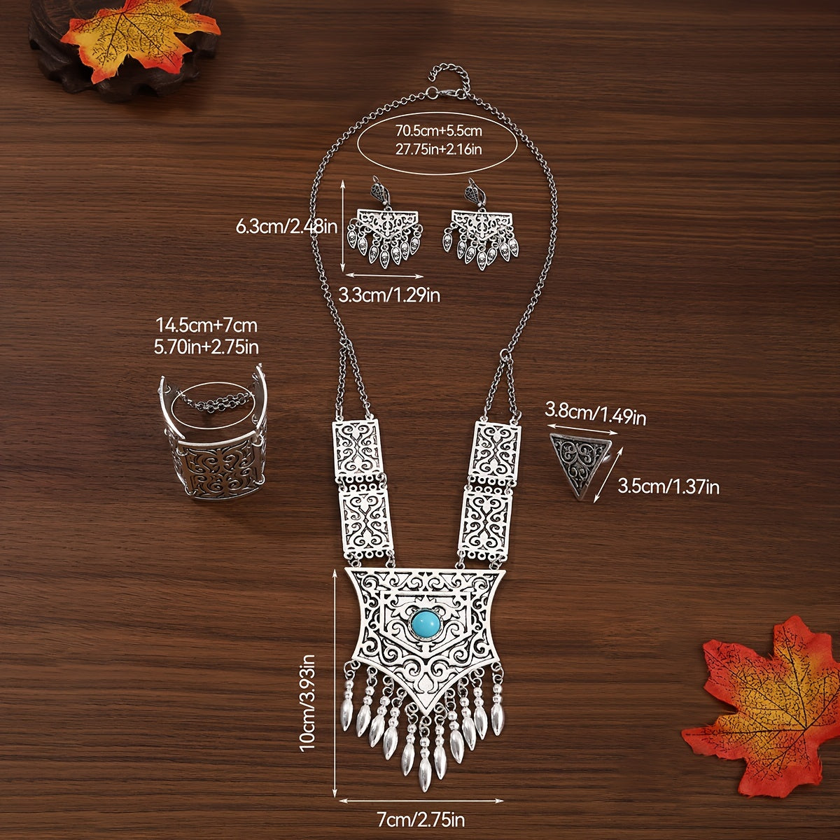 Bohemian Vintage Jewelry Set with Tassel Retro Bracelet Earrings Necklace Ring