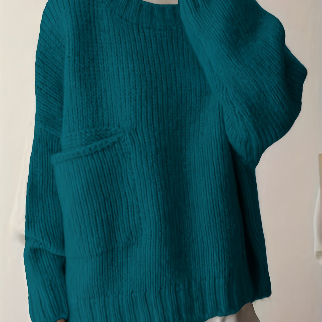 Suéter de punto verde de talla grande para mujer con bolsillos, cuello redondo, manga larga y cómodo