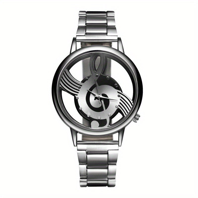 Men's Stainless Steel Quartz Watch with Musical Notation Dial