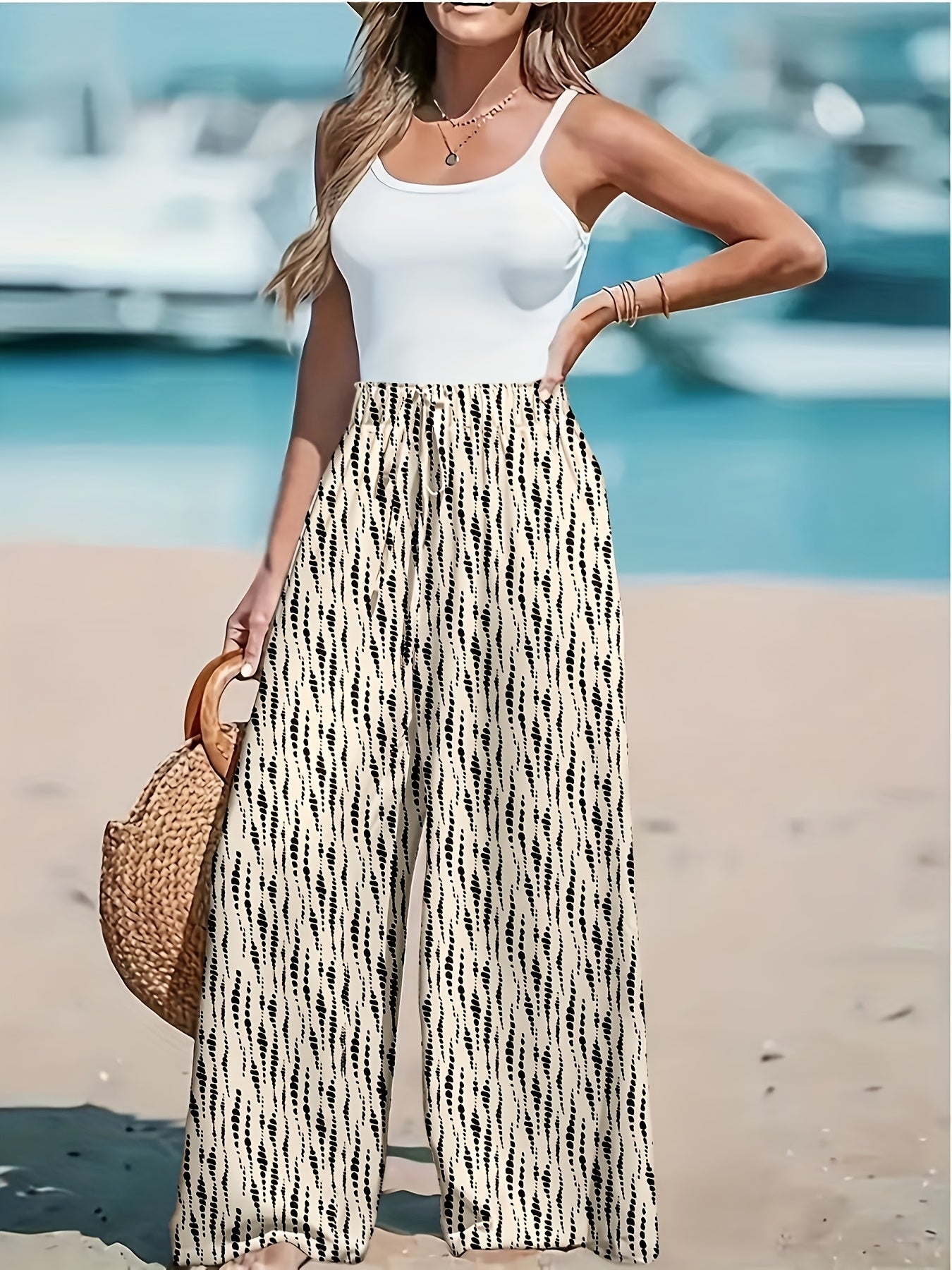 Plus Size Women's Wide-Leg Pants White Black Striped Casual Beachwear