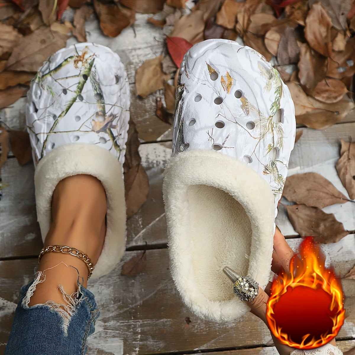 Women's Camouflage EVA Slip-On Shoes with Plush Faux Fur Indoor Outdoor
