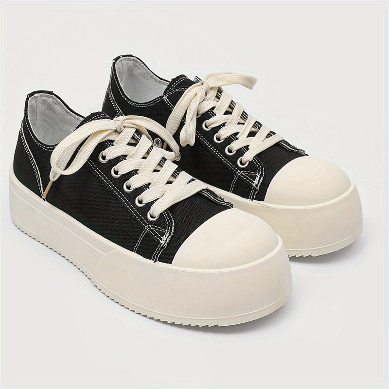 Men Women Canvas Chunky Platform Derby Shoes Black White Rubber Sole