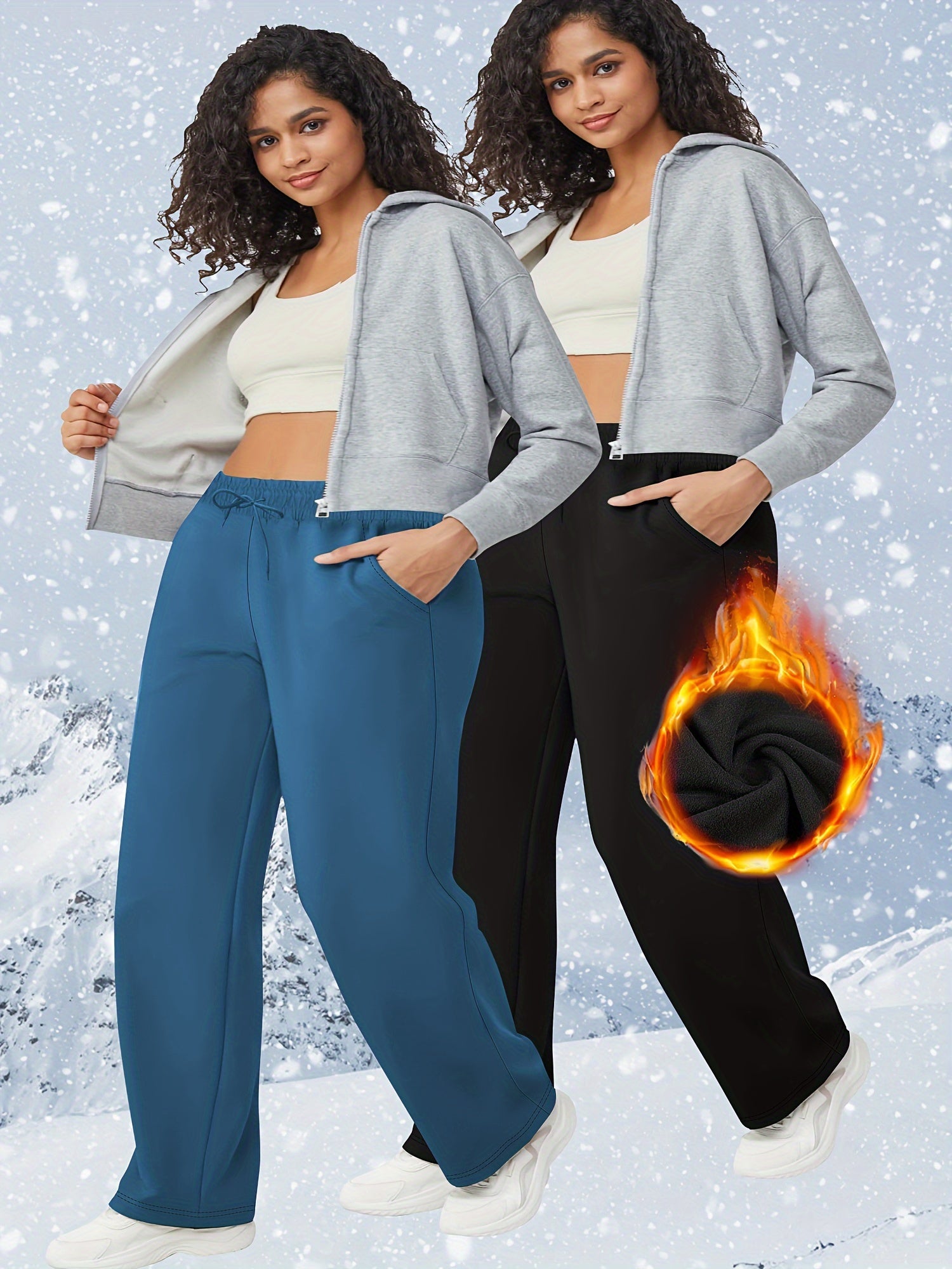 Plus Size Fleece-Lined Sweatpants for Women Solid Color Warm Activewear