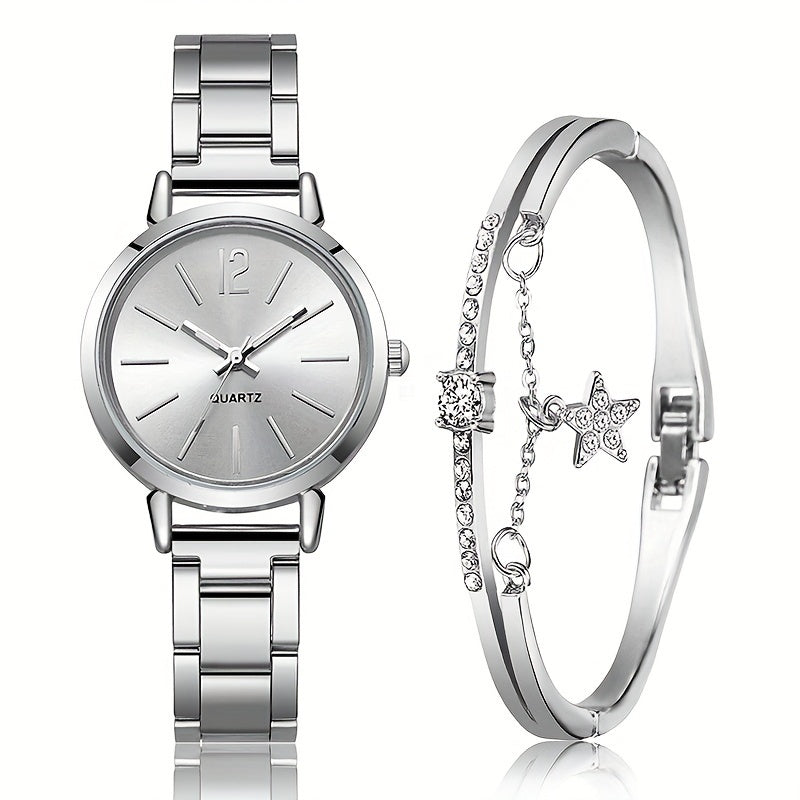 Set of 2 Silver Steel Strap Quartz Watches for Women with Bracelet Gift Set