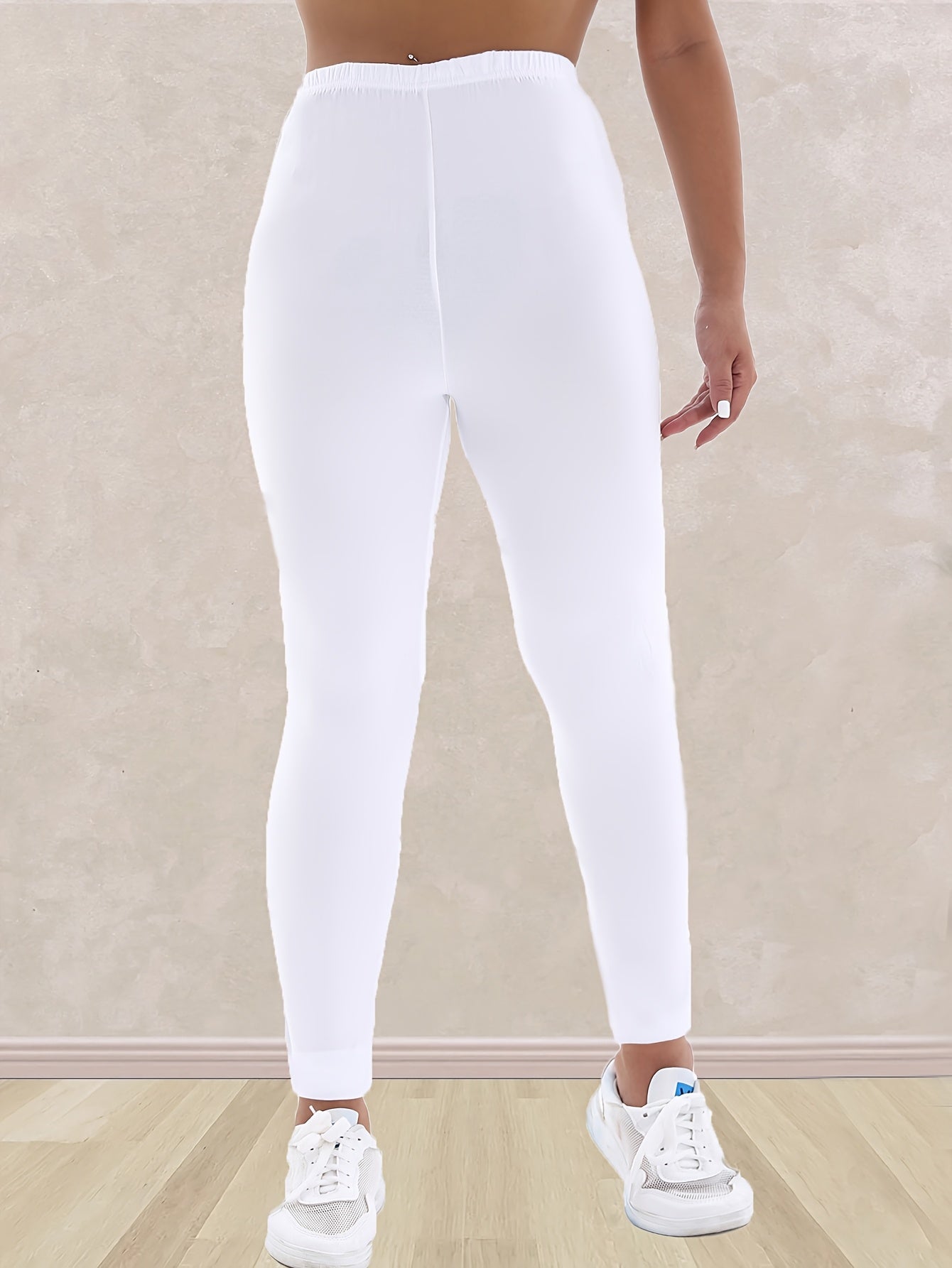 Plus Size Women's High-Waisted Leggings Solid Black 7/8 Length All-Season