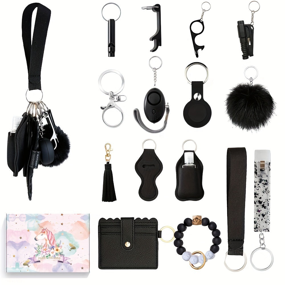 Women's 17-Piece Safety Keychain Set with Personal Alarm and Card Holder