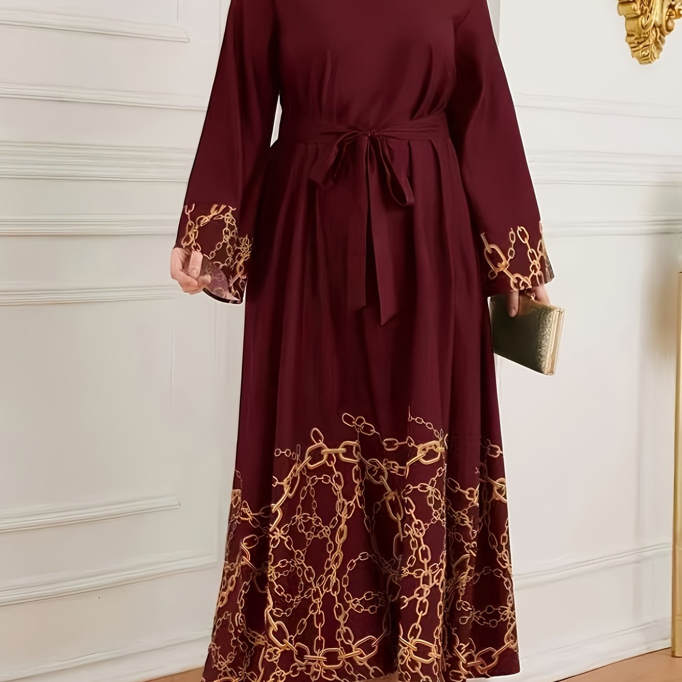 Women's A-Line Dress with Chain Print Crew Neck Long Sleeves Belt All-Season Polyester