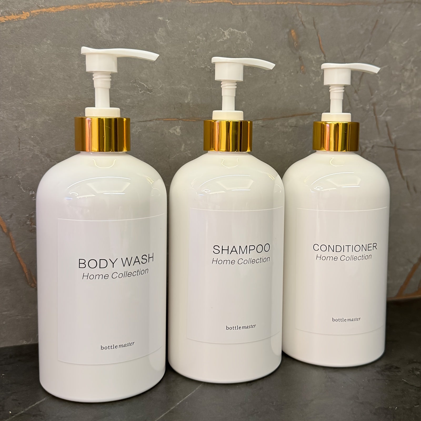 Bamboo Bathroom Dispenser Set with Wall Mount Shampoo and Conditioner Bottles (3 Pack)