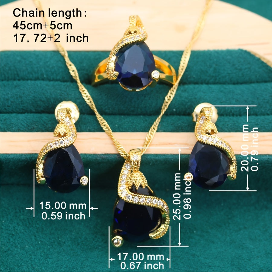 Vintage 4-Piece Jewelry Set with Blue Artificial Gemstones 18K Gold Plated for Women