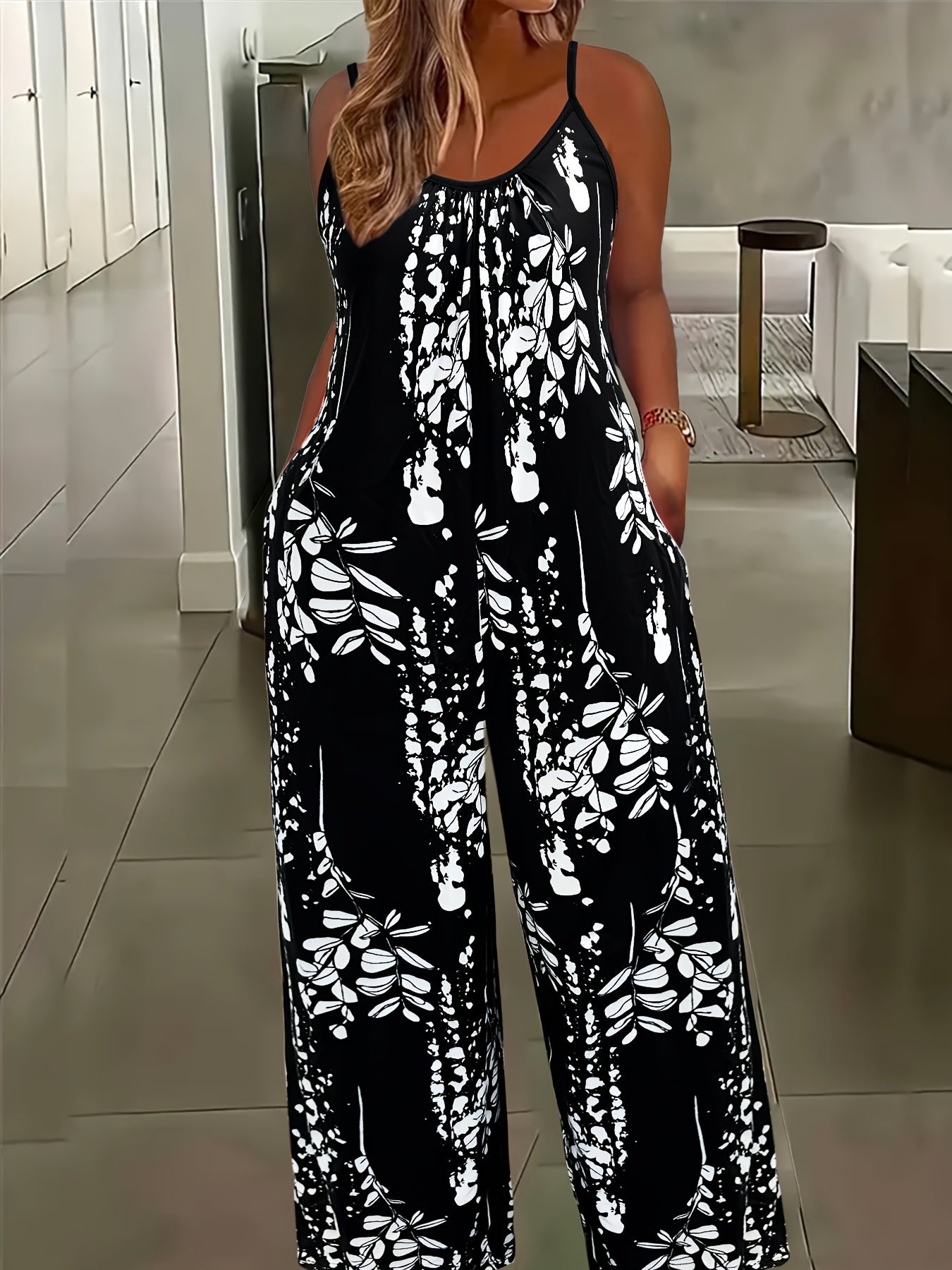 Women’s Floral Print Jumpsuit Sleeveless Wide-Leg Plus Size-All Season