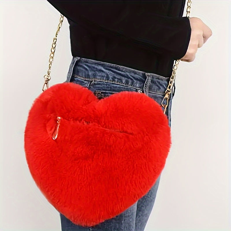 Heart-Shaped Fluffy Faux Fur Shoulder Bag Zipper Closure for Valentine's Day and Casual Use