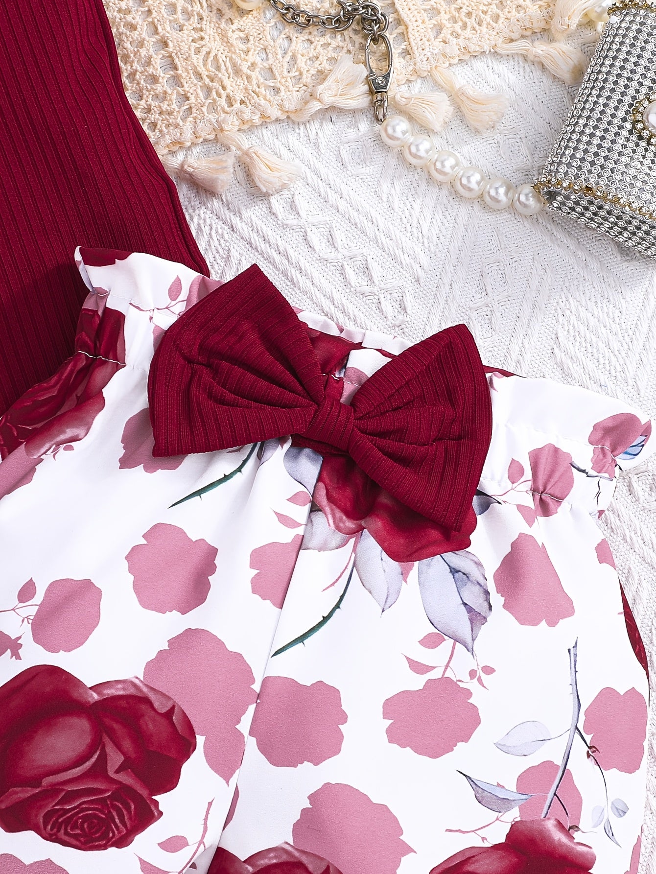 Girls Summer Outfit Maroon Ribbed T-Shirt with Bow Floral Print Shorts Set Easy-Care Polyester