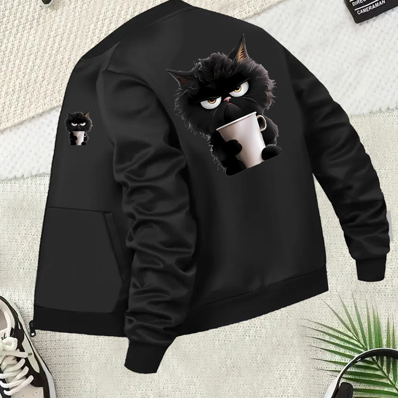 Plus Size Women's Casual Cartoon Cat Print Jacket with Zipper Front
