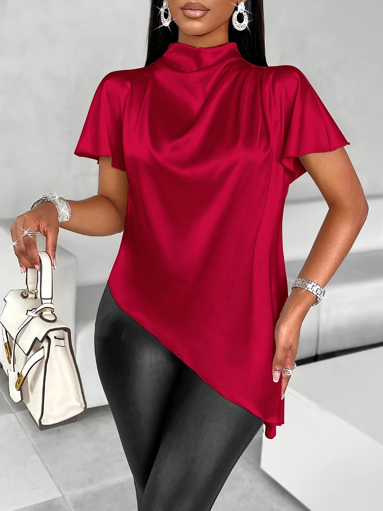 Women's Satin Blouse with Batwing Sleeves, Asymmetrical Hem, Solid Color