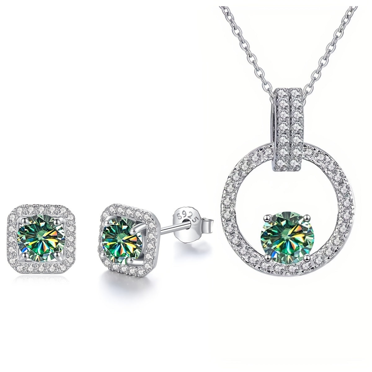 Moissanite Jewelry Set Necklace and Earrings Sterling Silver 1 Carat and 0.5 Carat Stones Gift Box