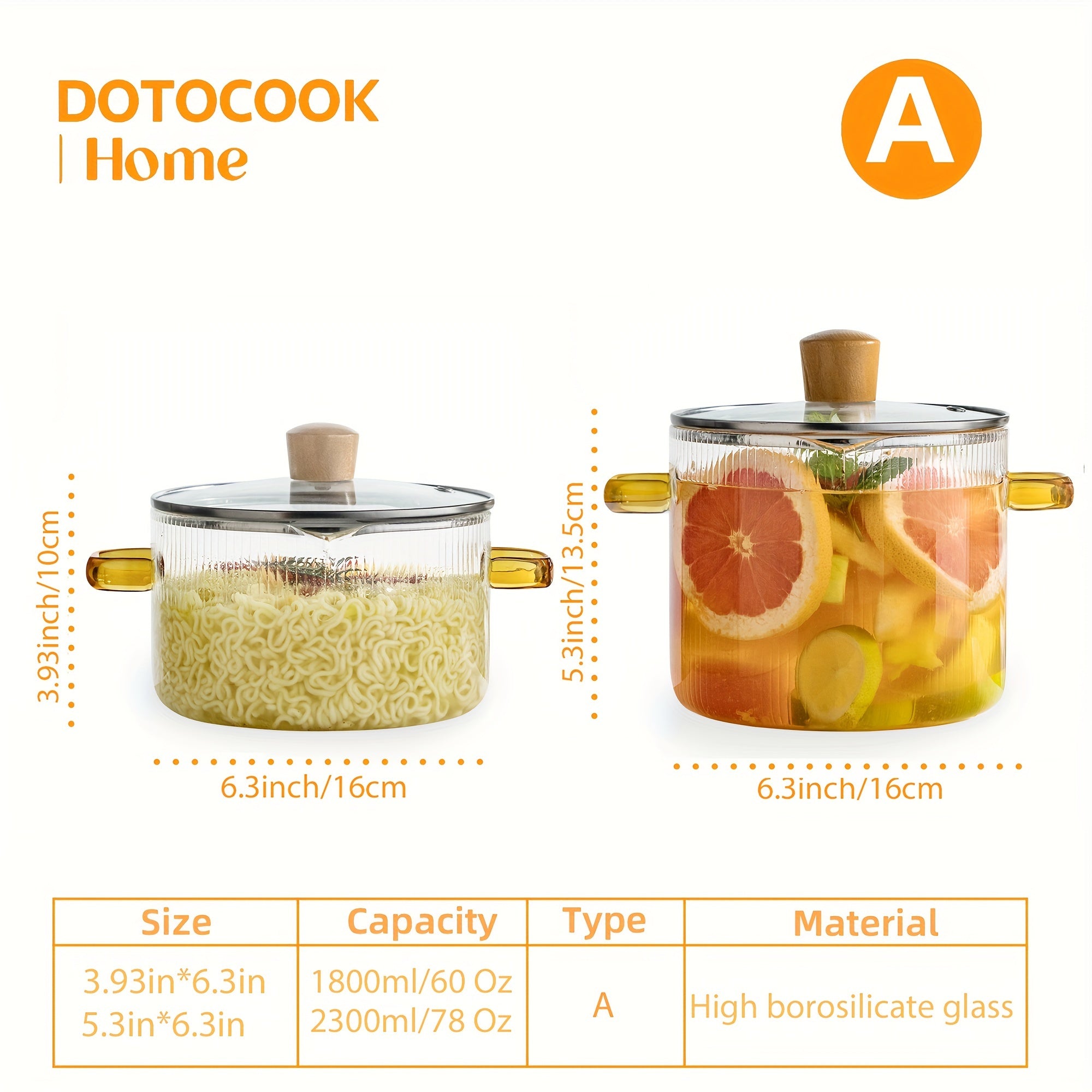 Set of 2 Glass Cooking Pots with Lids 1.8L & 2.3L Dishwasher Safe Sauce Pans for Soup Pasta