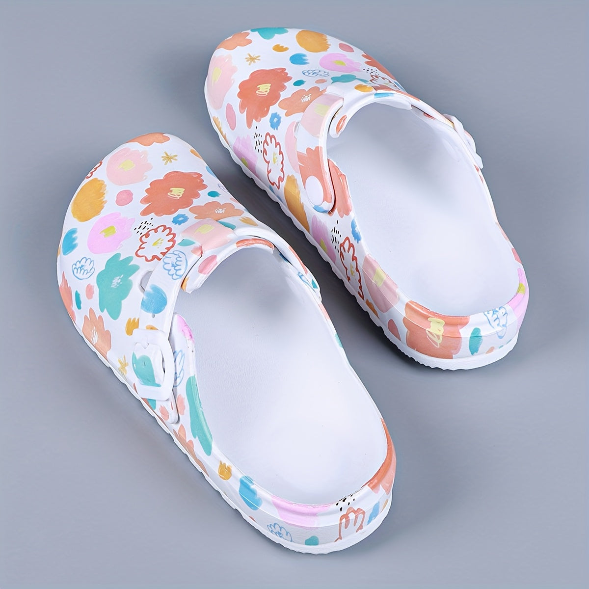 Women’s Floral Print Closed Toe Mules with Adjustable Buckle, EVA Flat Shoes