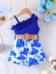 Girls Floral Print Sleeveless Romper with Belt for Spring Summer Outdoor Wear