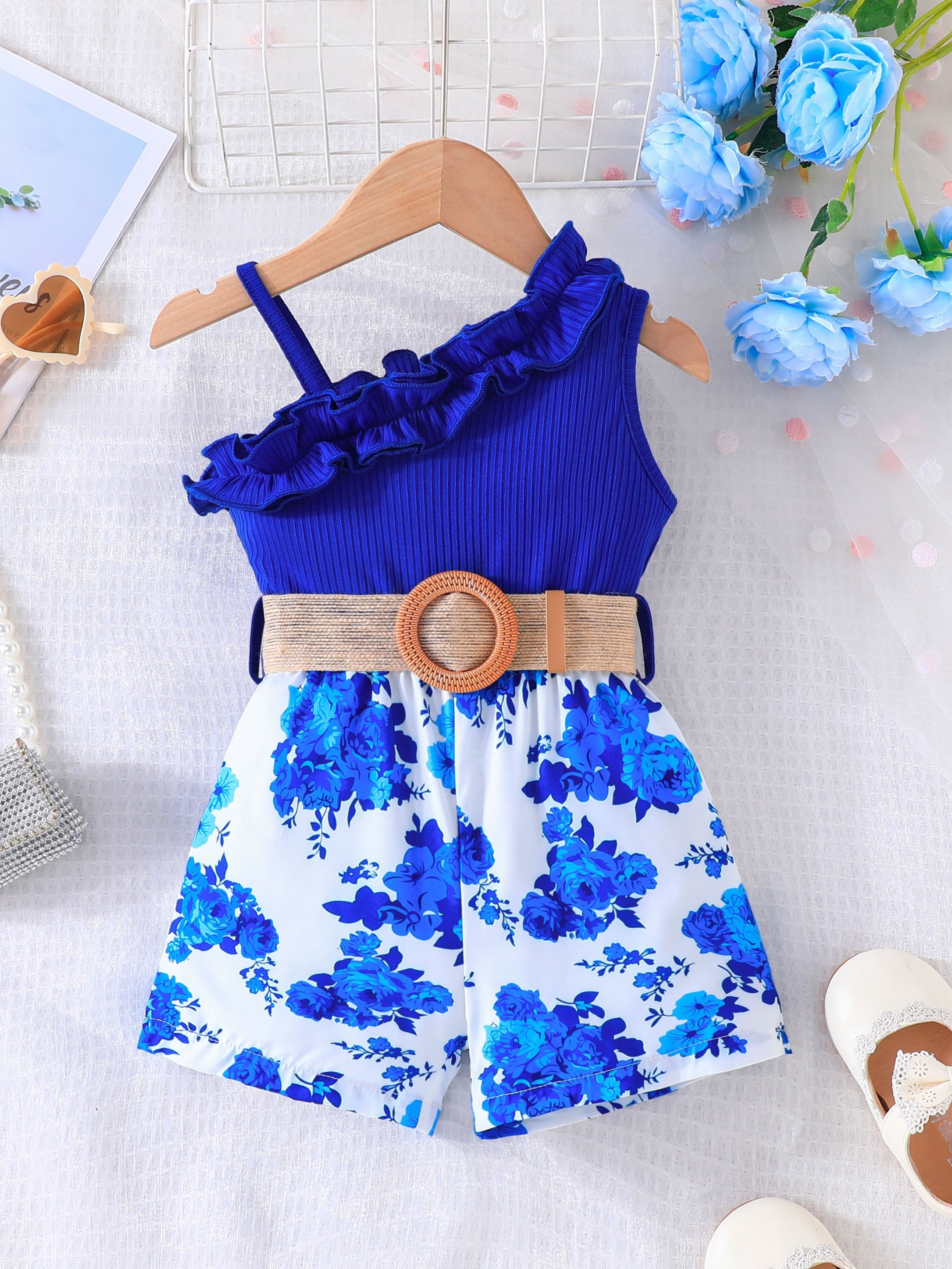 Girls Floral Print Sleeveless Romper with Belt for Spring Summer Outdoor Wear
