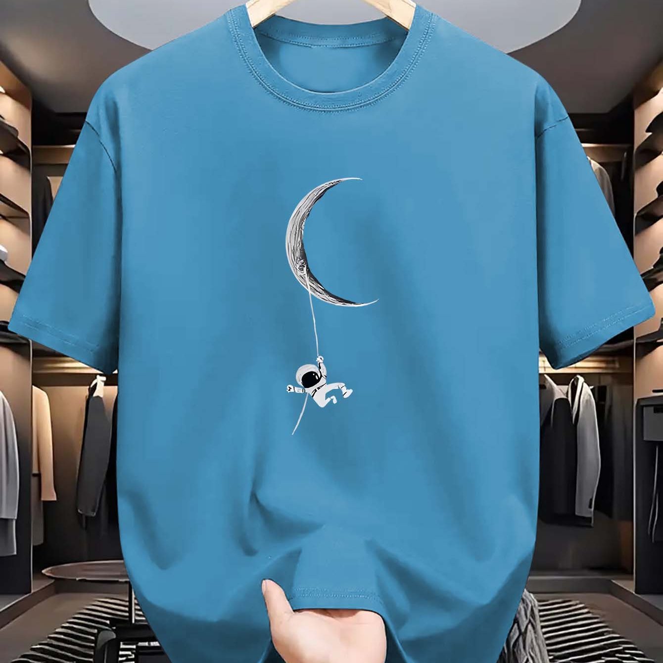 Men's Polyester Crew Neck T-Shirt with Astronaut and Moon Graphic for Summer Casual Fit
