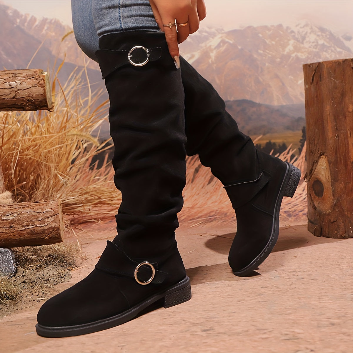 Women's Leather Button Pleated High Top Knee Boots