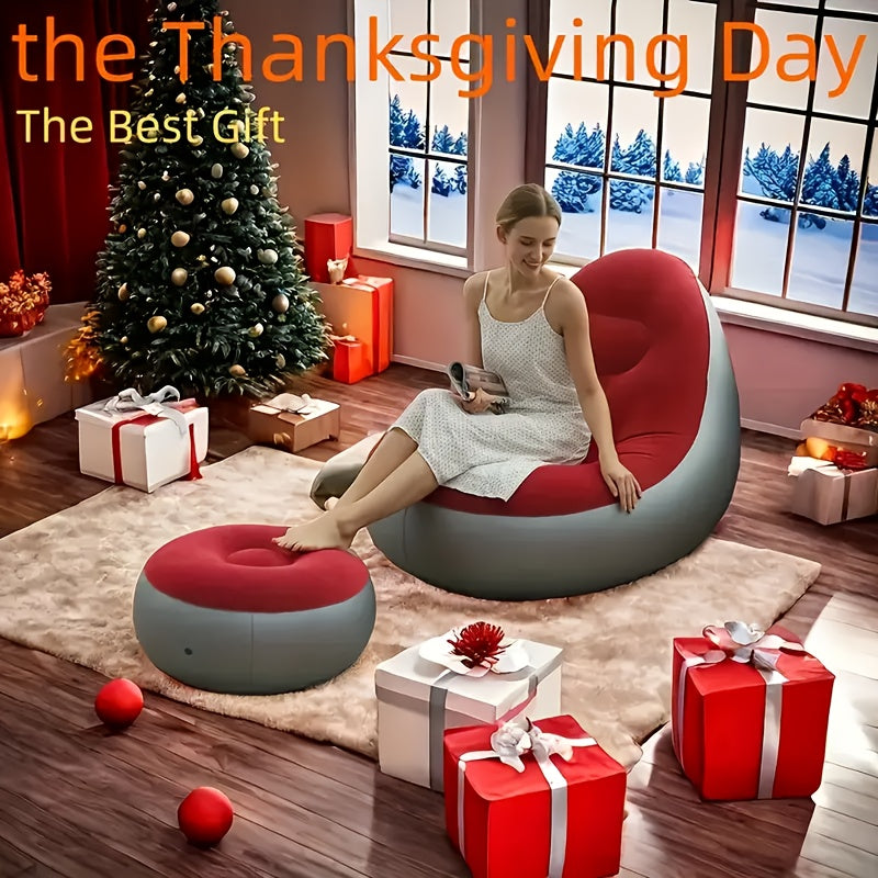 Inflatable Lazy Sofa with Stool Single Seater Flocked Recliner Footrest Portable Storage