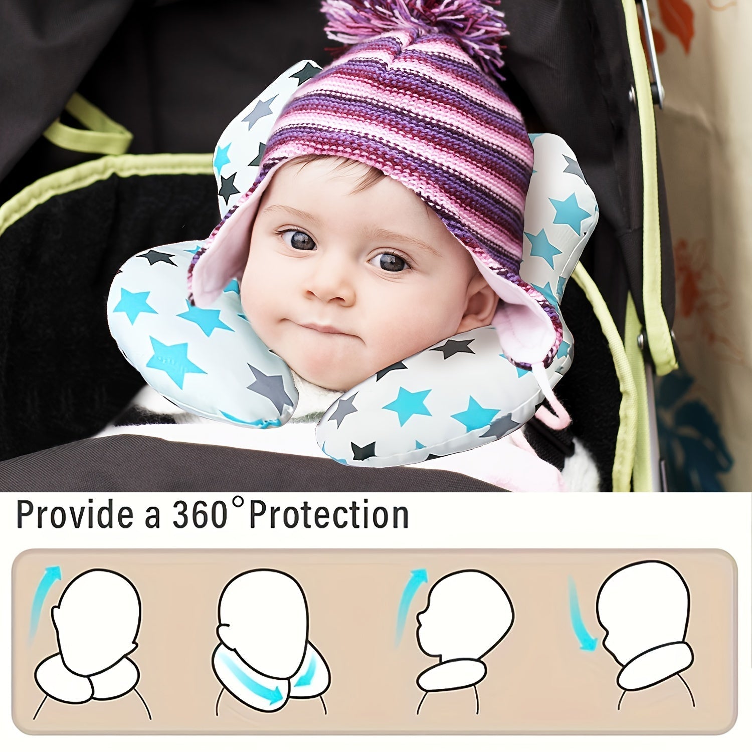 Baby Head Support Pillow for Car Seat and Stroller Soft Polyester 360° Protection Lightweight Portable for 0-3 Years
