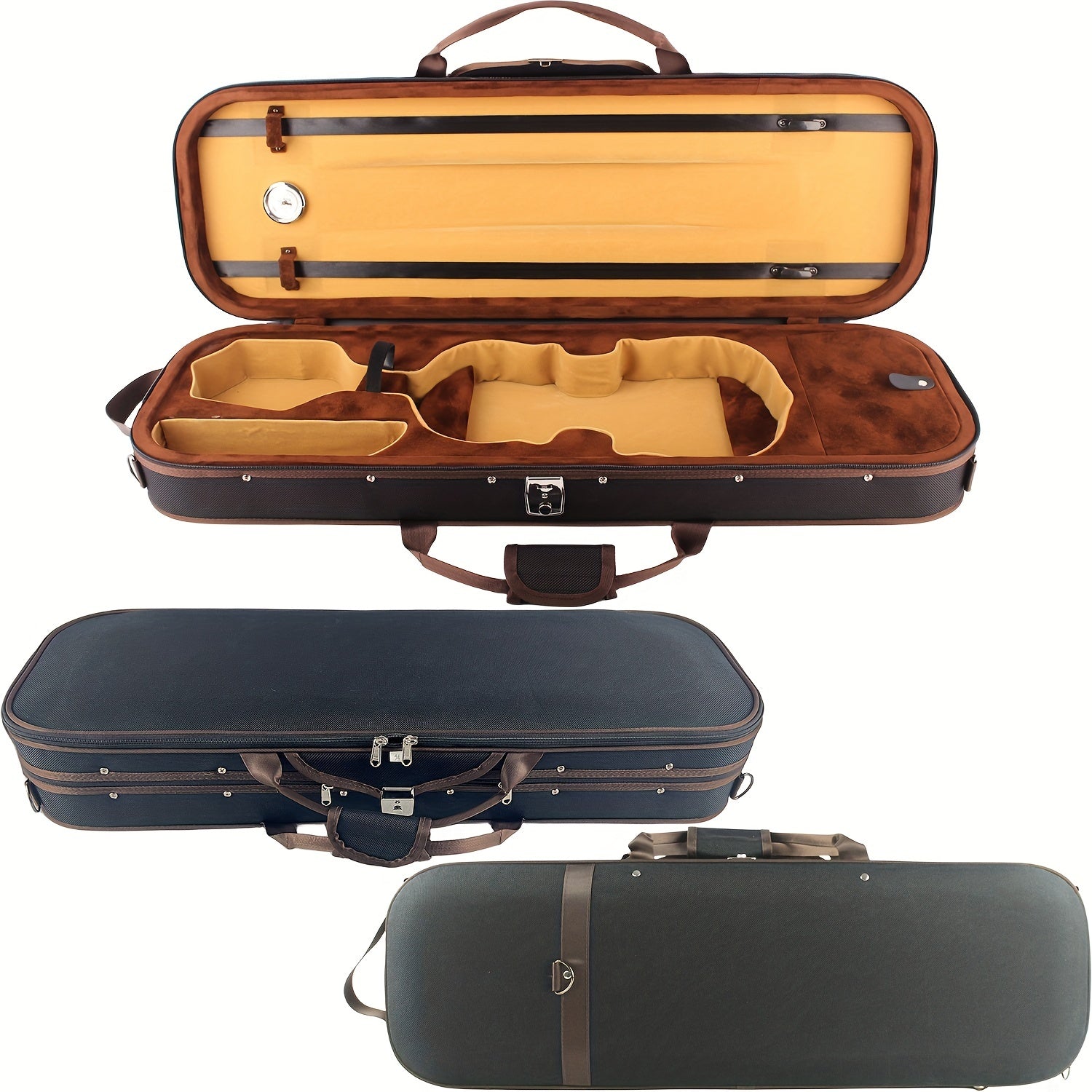 Square Violin Case with Hygrometer Foam Padding Waterproof Canvas Black and Gold