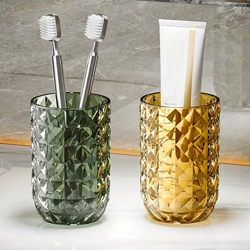 Juego de vasos de enjuague bucal y cepillo de dientes de plástico de color sólido con diseño geométrico para decoración de baño