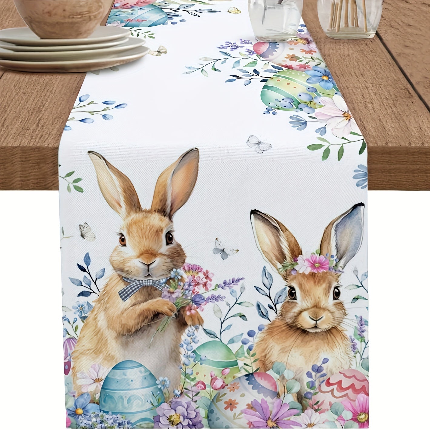 Polyester Easter Table Runner with Bunny and Egg Pattern for Holiday Parties