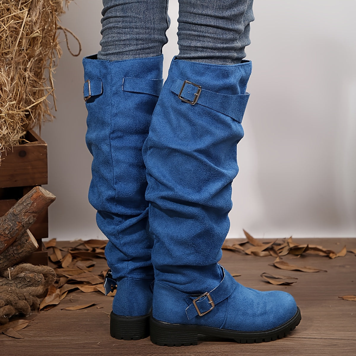 Women's Knee-High Slouch Boots Fabric Round Toe Block Heel All-Season