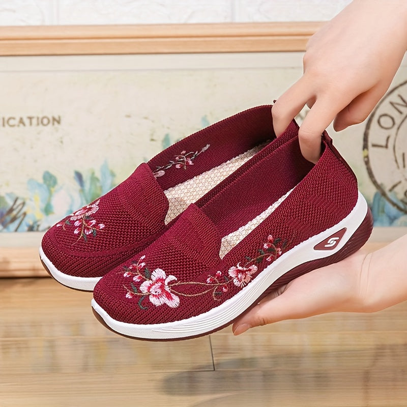 Ayollar uchun vintage gul naqshli slip-on sport poyafzallari nafas oladigan tarmoq, anti-odor, binafsha