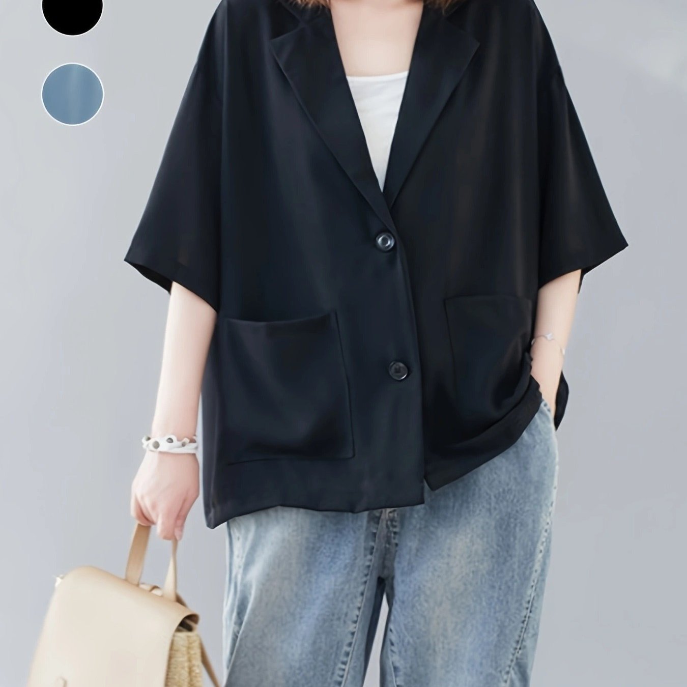 Women's Plus Size Light Blue Open Front Blazer Casual Long Sleeve Jacket