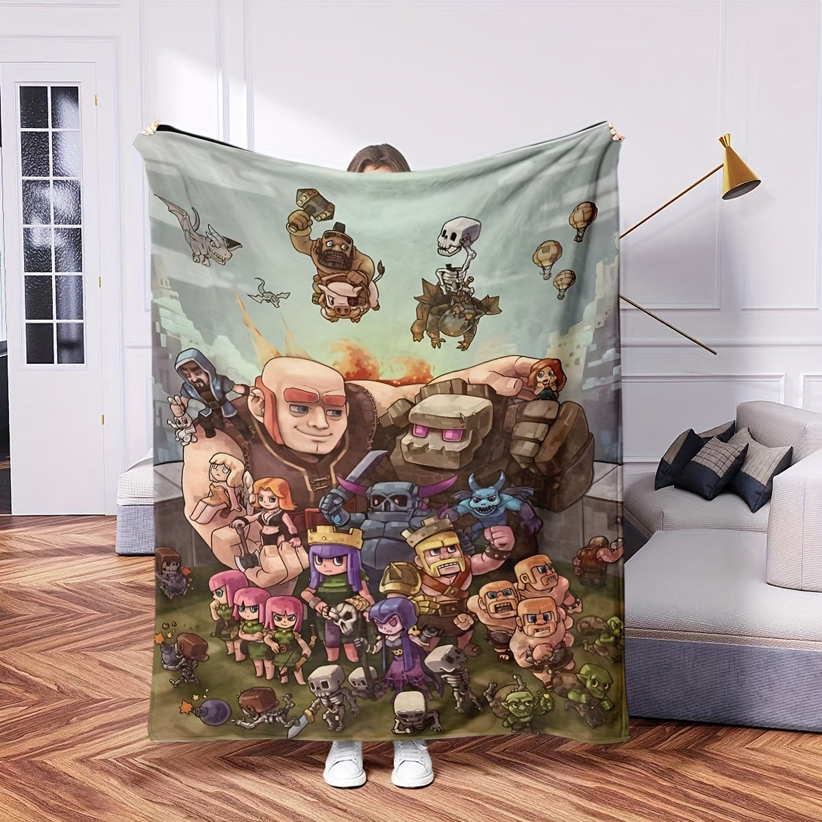 Fleece Blanket with Clash of Clans Characters Digital Print Polyester Machine Washable All Seasons