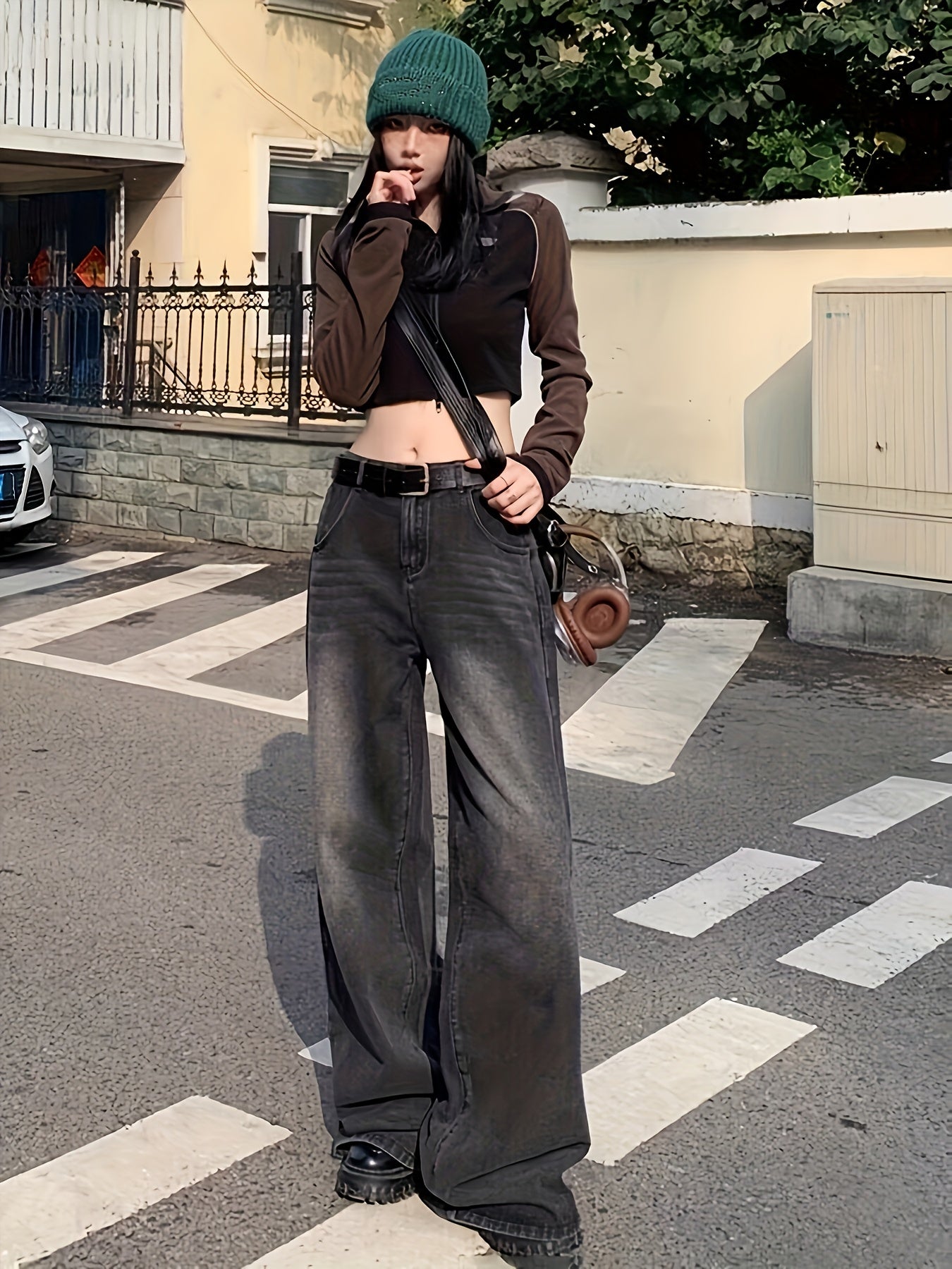 Ayollar uchun katta o'lchamli vintage yuqori bel keng bo'yinli keng yengli jinsilar, kundalik, buzilgan denim
