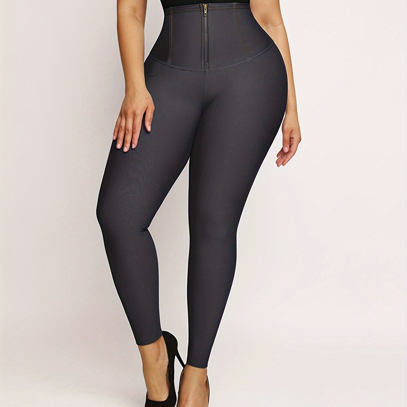 Women's Denim-Like Shaping Leggings with Tummy Control and Front Zipper