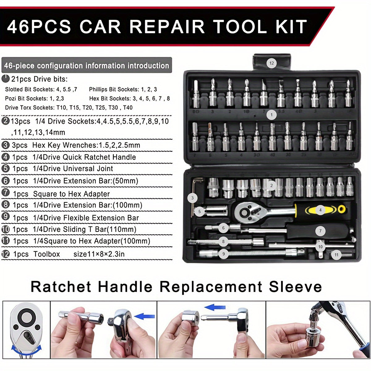 46-Piece Tool Kit 1/4 Inch Drive Ratchet Wrench Socket Set Car Repair