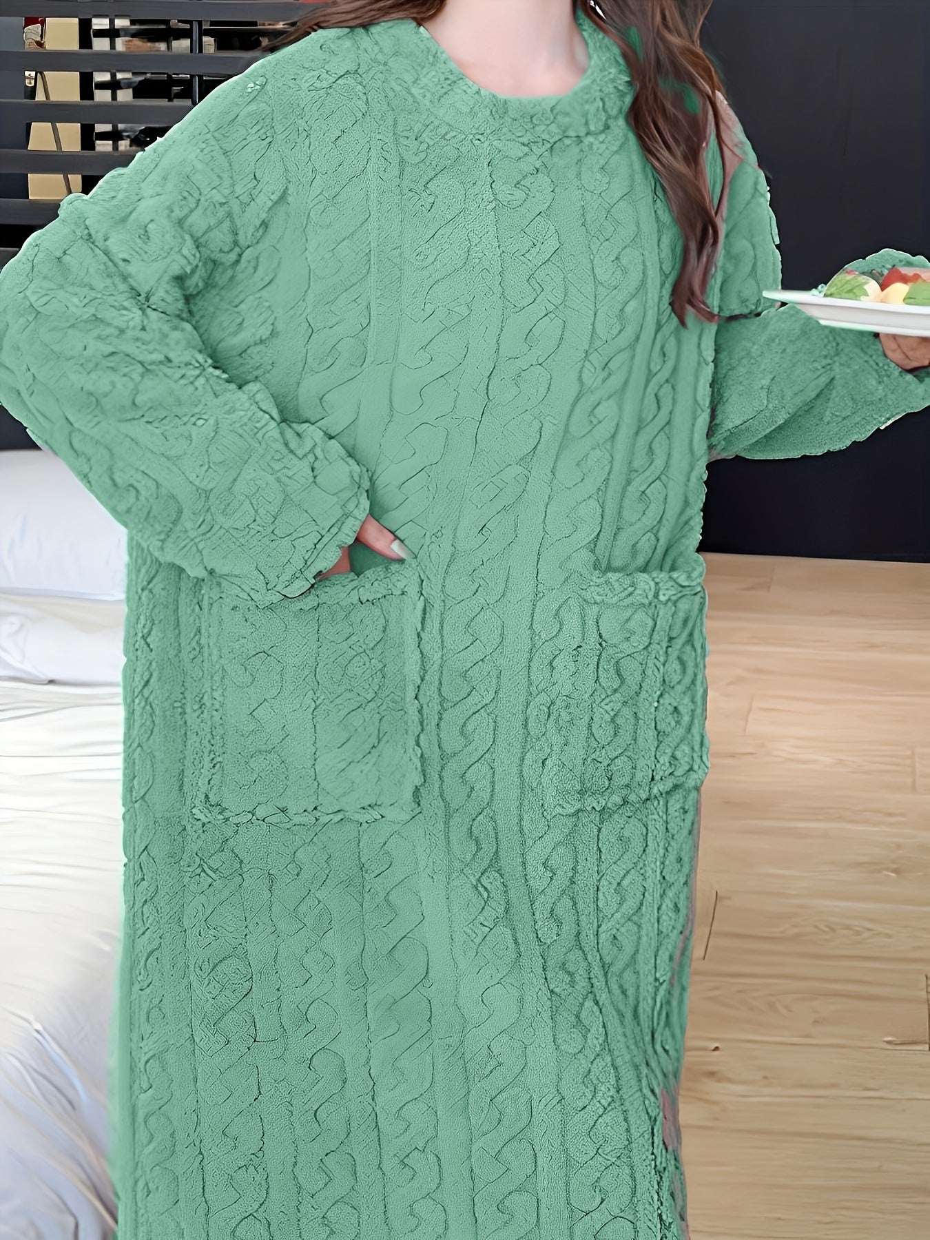 Women's Fleece-Lined Jacquard Winter Robe Long Sleeve Color-Block Loungewear