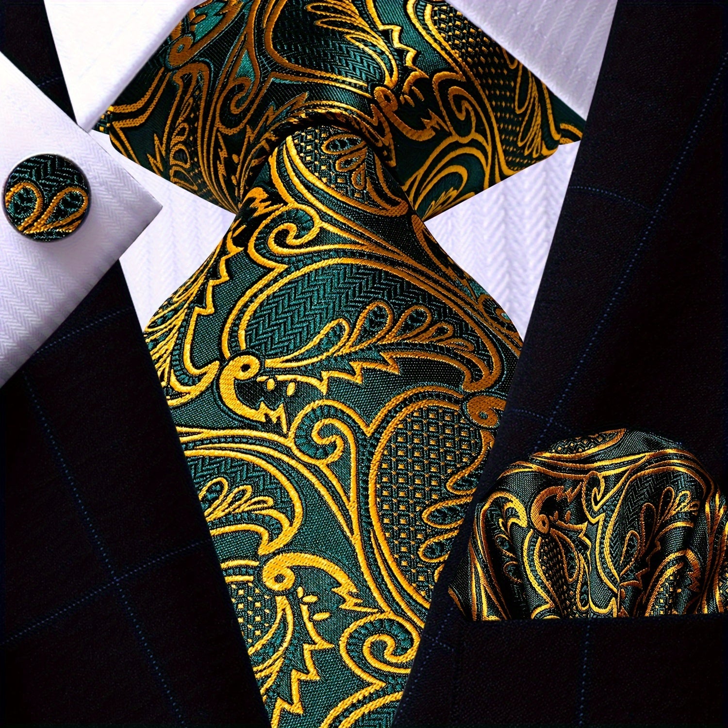 Men's Gold Accessories Set Tie Pocket Square Cufflinks for Weddings Business