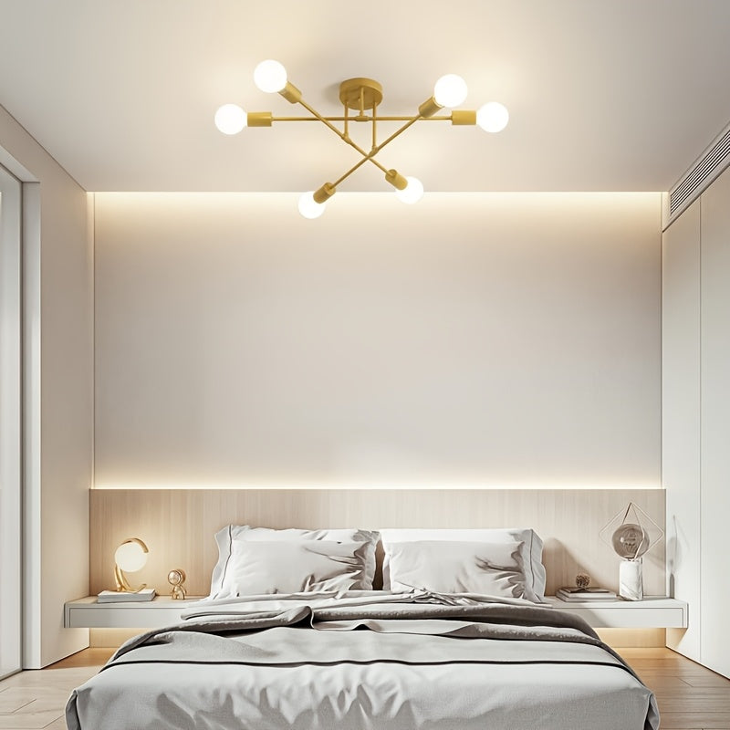 Modern Metal Chandelier with 6 Lights Black and Gold Flush Mount for Bedroom Kitchen Dining