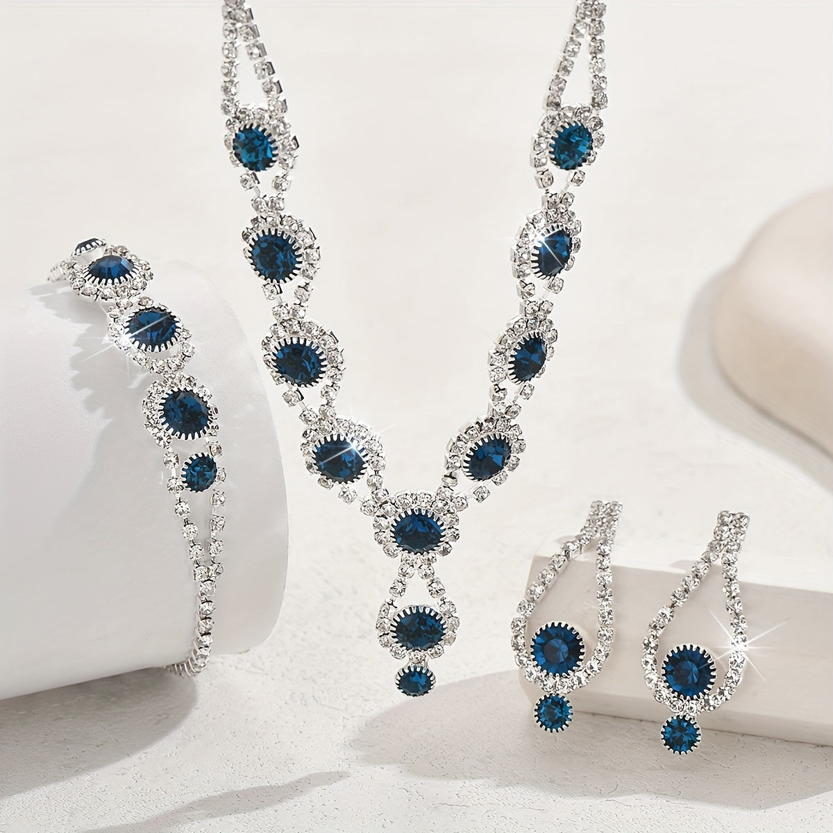 Silver Plated Copper Jewelry Set with Blue and Black Rhinestones Necklace Earrings Bracelet for Parties Weddings