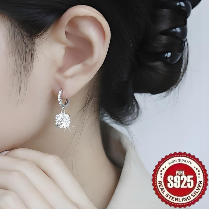 Sterling Silver Square Pendant Earrings with Synthetic Zirconia Retro Elegant Design