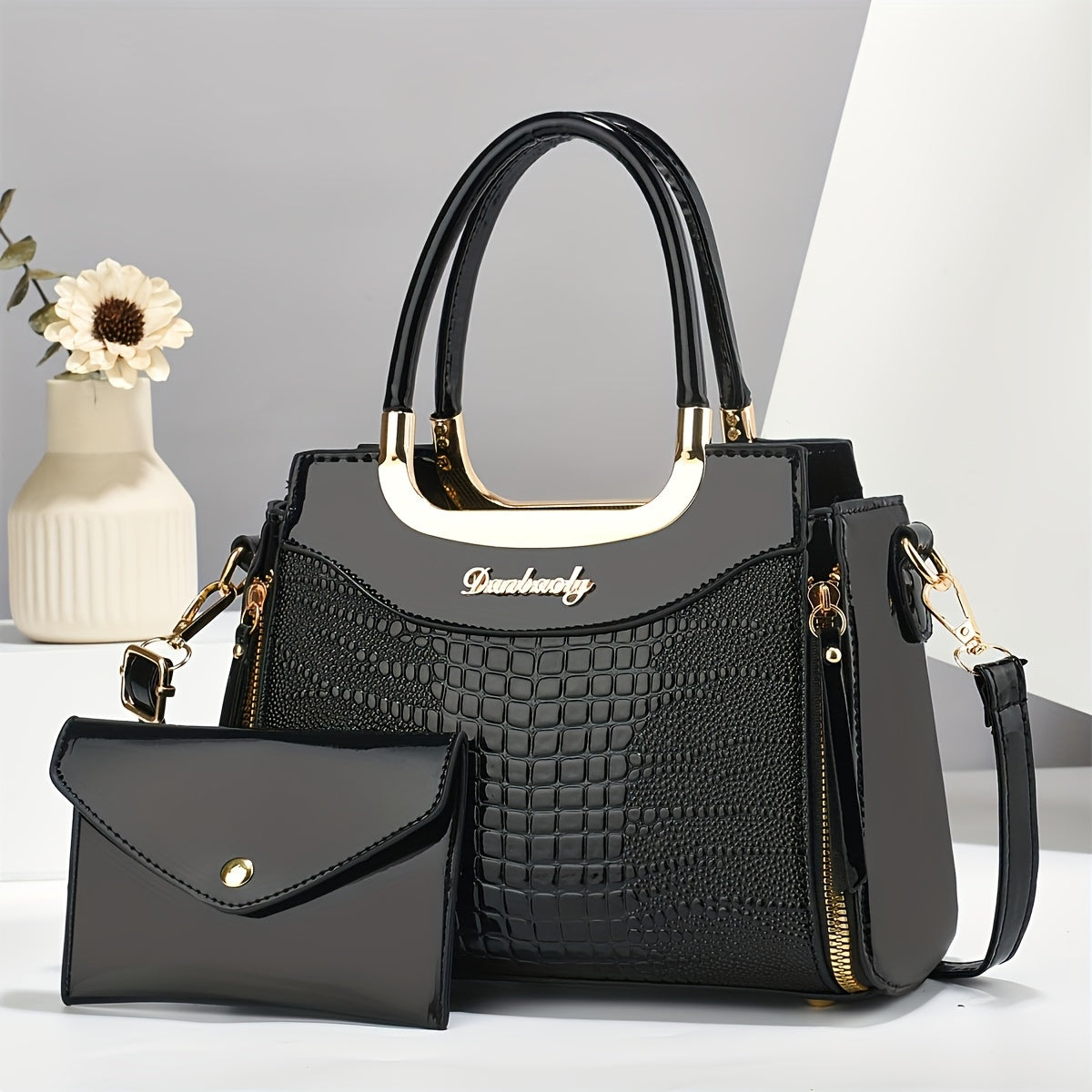 Faux Leather Animal Print Shoulder Bag with Matching Wallet Removable Strap Zipper Closure