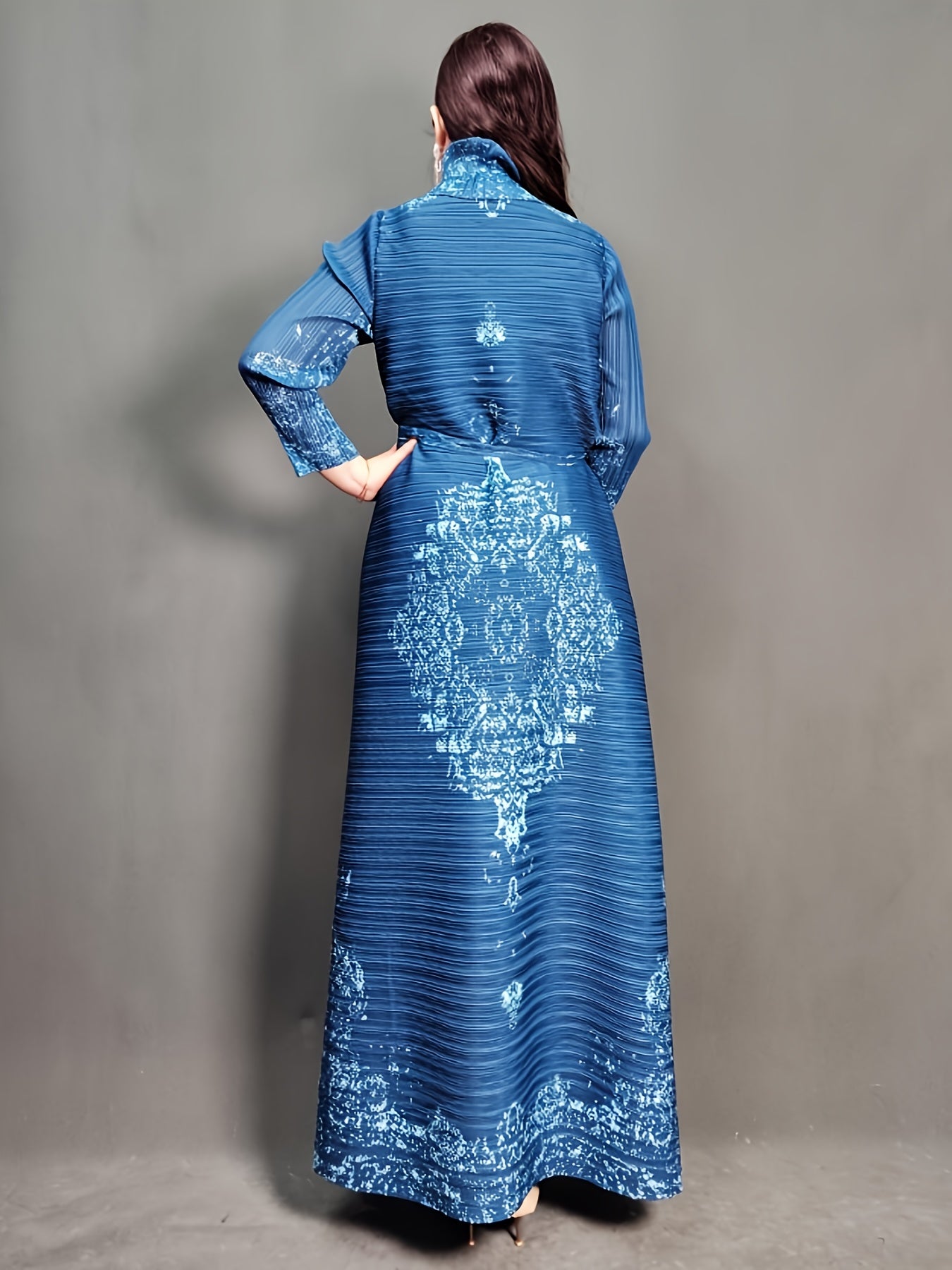 Blue and Black Floral Print Maxi Kaftan Dress with Long Sleeves and Tie Waist for Women