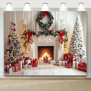 Christmas Fireplace Backdrop Polyester Holiday Photo Booth Decor